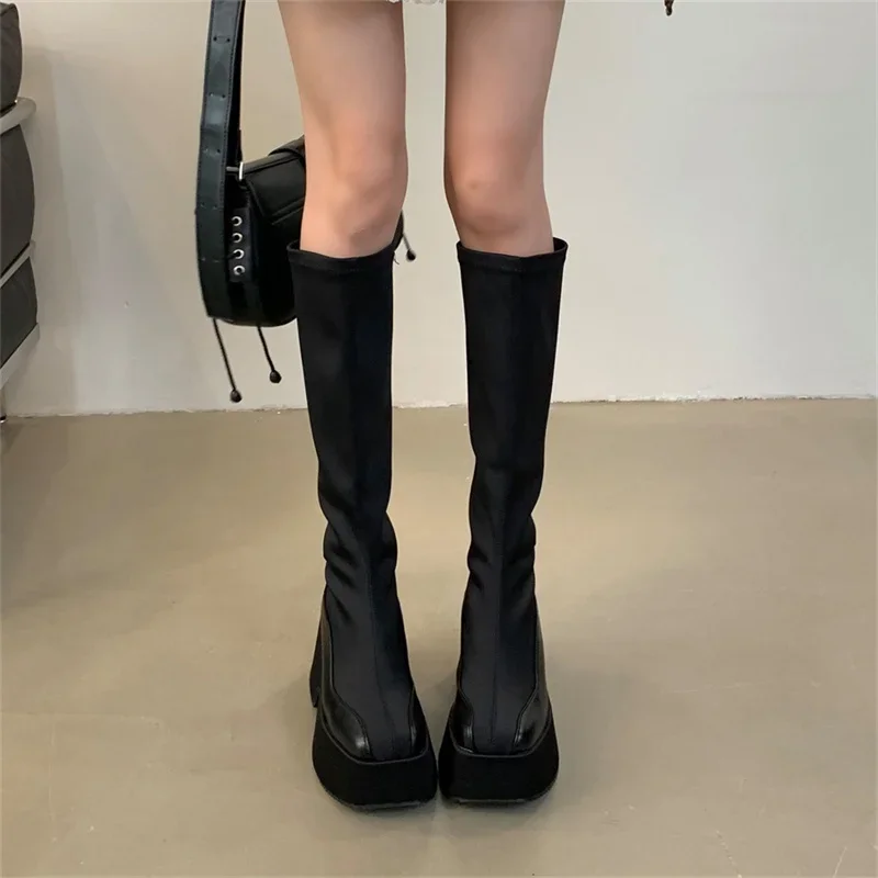 Leather Fabric Splicing Thick Soled Boots Waterproof Platform Heel Women's Knee Boots Elastic Fabric and Ankle Short Boots 35-39 Leather Fabric Splicing Thick Soled Boots Waterproof Platform Heel Women's Knee Boots Elastic Fabric and Ankle Short Boots 35-39
