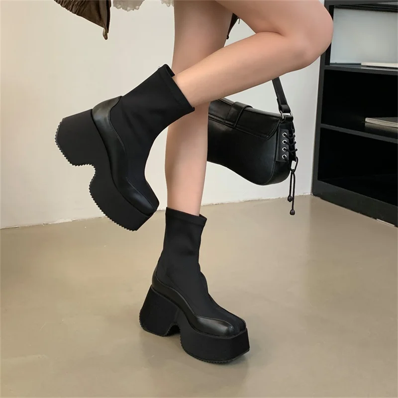 Leather Fabric Splicing Thick Soled Boots Waterproof Platform Heel Women's Knee Boots Elastic Fabric and Ankle Short Boots 35-39 Leather Fabric Splicing Thick Soled Boots Waterproof Platform Heel Women's Knee Boots Elastic Fabric and Ankle Short Boots 35-39