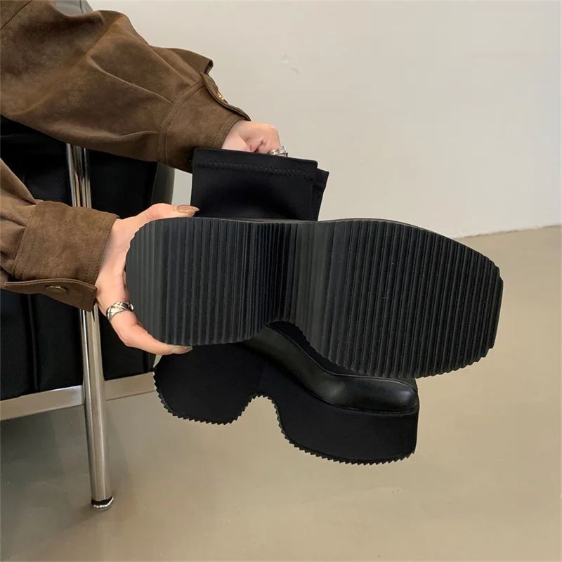 Leather Fabric Splicing Thick Soled Boots Waterproof Platform Heel Women's Knee Boots Elastic Fabric and Ankle Short Boots 35-39 Leather Fabric Splicing Thick Soled Boots Waterproof Platform Heel Women's Knee Boots Elastic Fabric and Ankle Short Boots 35-39