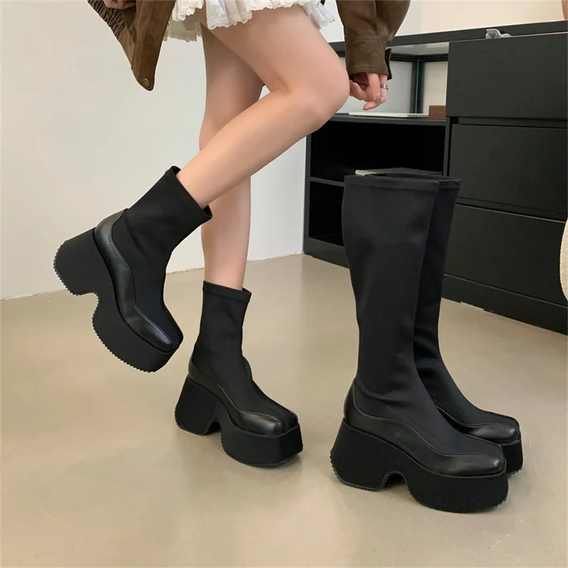 Leather Fabric Splicing Thick Soled Boots Waterproof Platform Heel Women's Knee Boots Elastic Fabric and Ankle Short Boots 35-39 Leather Fabric Splicing Thick Soled Boots Waterproof Platform Heel Women's Knee Boots Elastic Fabric and Ankle Short Boots 35-39