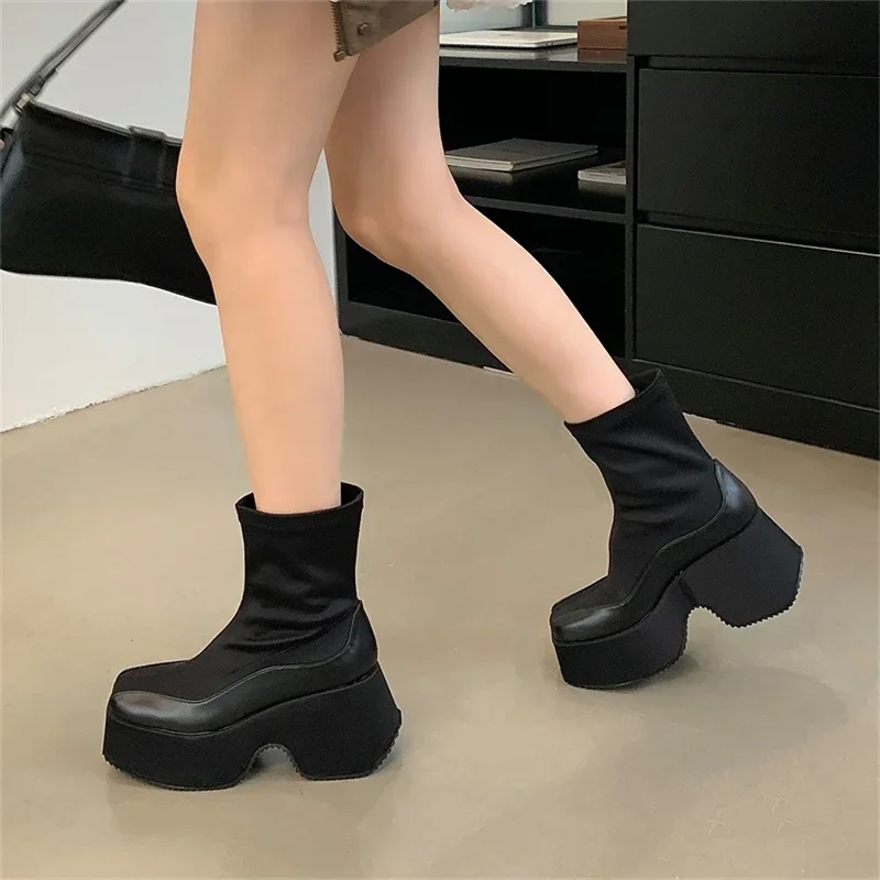 Leather Fabric Splicing Thick Soled Boots Waterproof Platform Heel Women's Knee Boots Elastic Fabric and Ankle Short Boots 35-39 Leather Fabric Splicing Thick Soled Boots Waterproof Platform Heel Women's Knee Boots Elastic Fabric and Ankle Short Boots 35-39