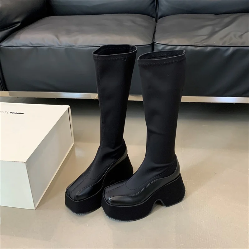 Leather Fabric Splicing Thick Soled Boots Waterproof Platform Heel Women's Knee Boots Elastic Fabric and Ankle Short Boots 35-39 Leather Fabric Splicing Thick Soled Boots Waterproof Platform Heel Women's Knee Boots Elastic Fabric and Ankle Short Boots 35-39