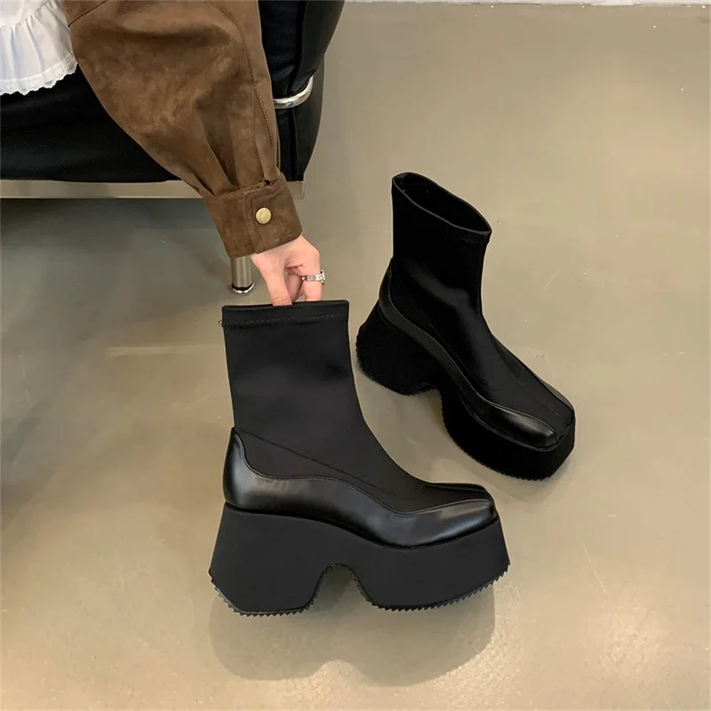 Leather Fabric Splicing Thick Soled Boots Waterproof Platform Heel Women's Knee Boots Elastic Fabric and Ankle Short Boots 35-39