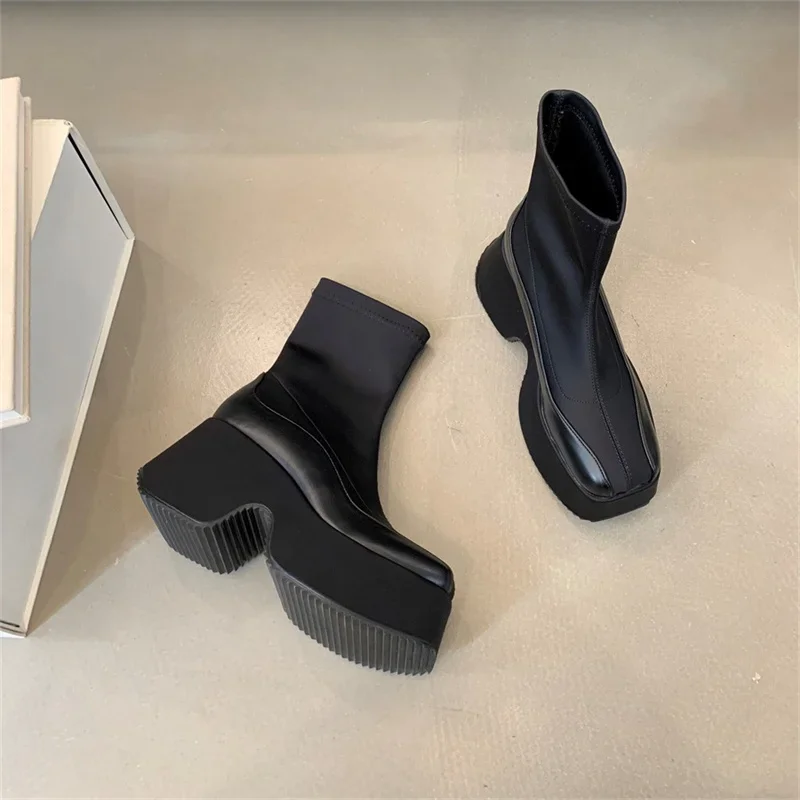 Leather Fabric Splicing Thick Soled Boots Waterproof Platform Heel Women's Knee Boots Elastic Fabric and Ankle Short Boots 35-39 Leather Fabric Splicing Thick Soled Boots Waterproof Platform Heel Women's Knee Boots Elastic Fabric and Ankle Short Boots 35-39