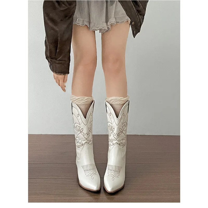 Vintage Thick Heel Women Western Cowboy Boots Fashion Slip On Shoes Embroidery Knight Mid Calf Botas Autumn Winter Women's Shoes