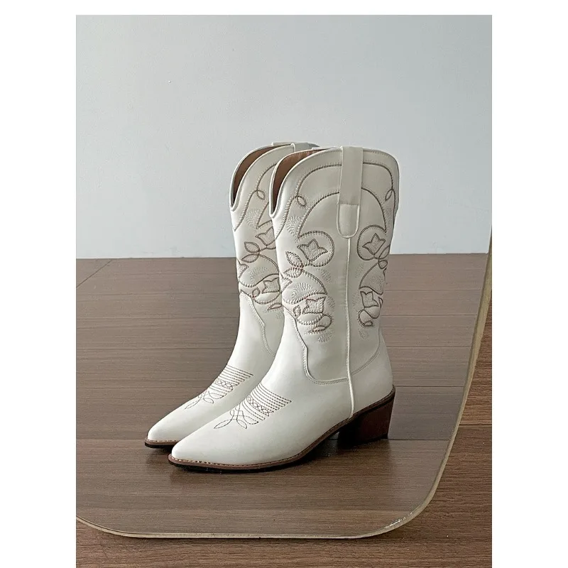 Vintage Thick Heel Women Western Cowboy Boots Fashion Slip On Shoes Embroidery Knight Mid Calf Botas Autumn Winter Women's Shoes
