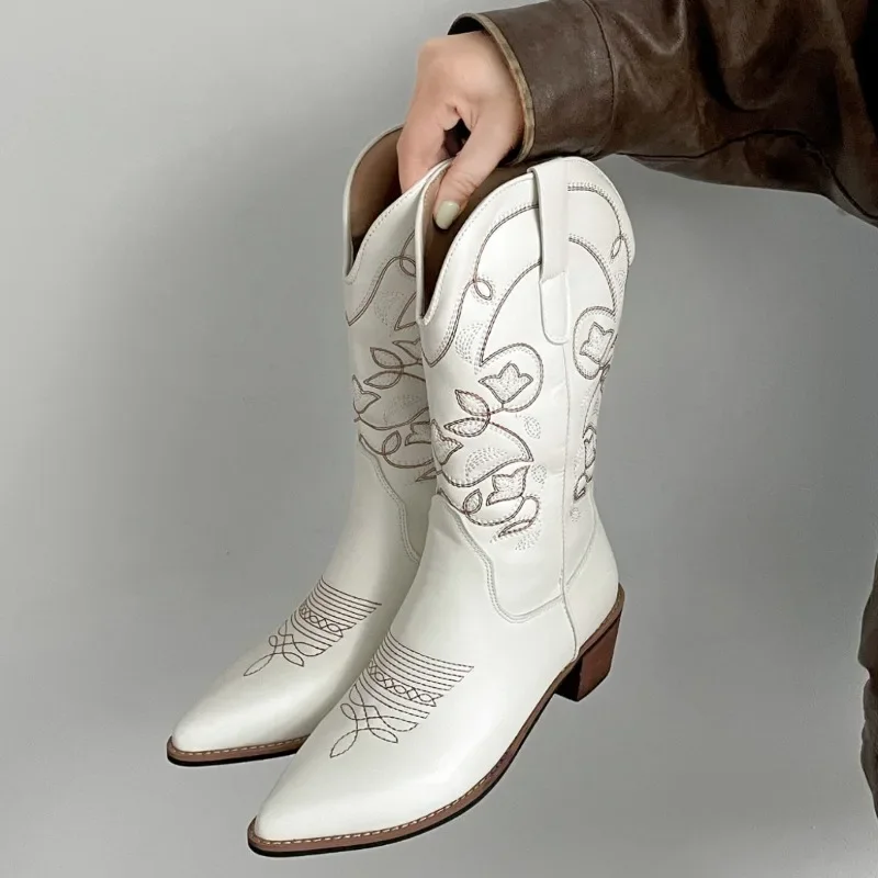 Vintage Thick Heel Women Western Cowboy Boots Fashion Slip On Shoes Embroidery Knight Mid Calf Botas Autumn Winter Women’s Shoes Vintage Thick Heel Women Western Cowboy Boots Fashion Slip On Shoes Embroidery Knight Mid Calf Botas Autumn Winter Women's Shoes