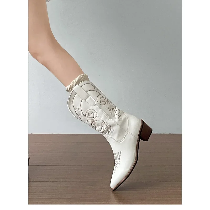 Vintage Thick Heel Women Western Cowboy Boots Fashion Slip On Shoes Embroidery Knight Mid Calf Botas Autumn Winter Women's Shoes