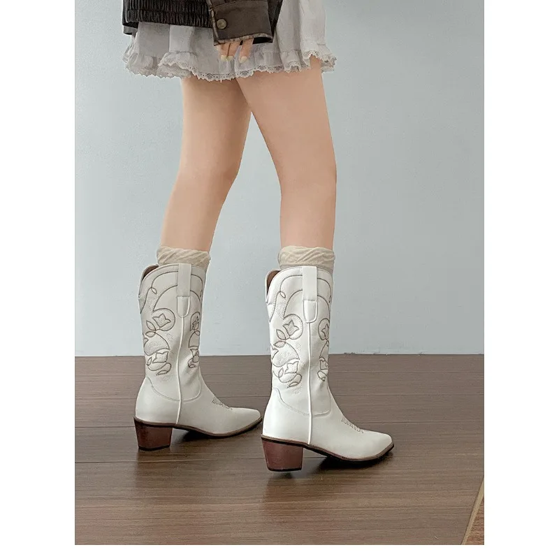 Vintage Thick Heel Women Western Cowboy Boots Fashion Slip On Shoes Embroidery Knight Mid Calf Botas Autumn Winter Women's Shoes