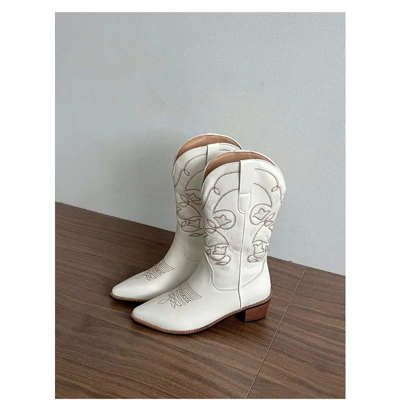 Vintage Thick Heel Women Western Cowboy Boots Fashion Slip On Shoes Embroidery Knight Mid Calf Botas Autumn Winter Women's Shoes