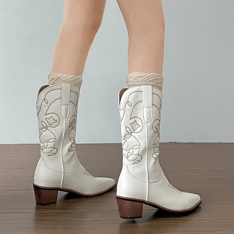 Vintage Thick Heel Women Western Cowboy Boots Fashion Slip On Shoes Embroidery Knight Mid Calf Botas Autumn Winter Women’s Shoes Vintage Thick Heel Women Western Cowboy Boots Fashion Slip On Shoes Embroidery Knight Mid Calf Botas Autumn Winter Women's Shoes
