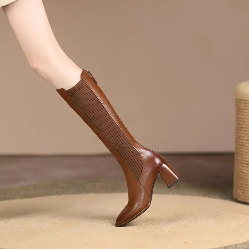 Knee High Boots Women Winter Warm Handmade High Quality Split Cow Leather ZIP Brown Black Block High Heels Long Boot Shoes