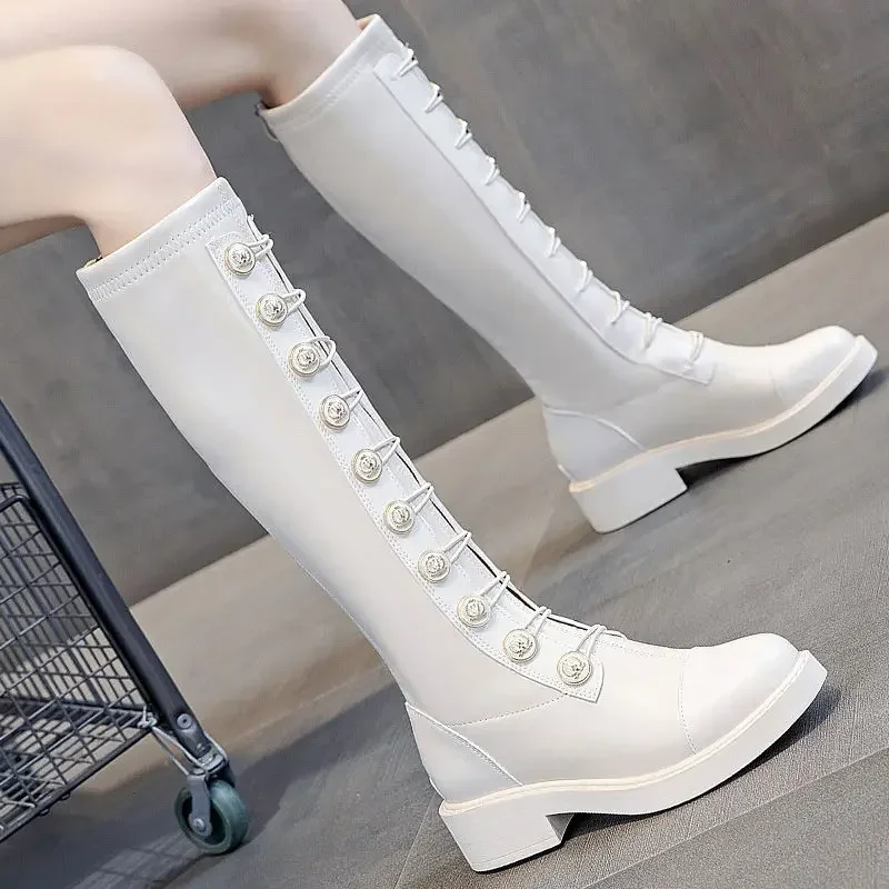 Middle Heel Shoes for Woman Elastic Round Toe Women's Boots Footwear Long New Rock Winter Knee High Shaft Quality Novelty