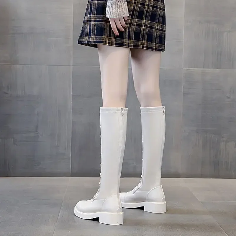 Middle Heel Shoes for Woman Elastic Round Toe Women's Boots Footwear Long New Rock Winter Knee High Shaft Quality Novelty