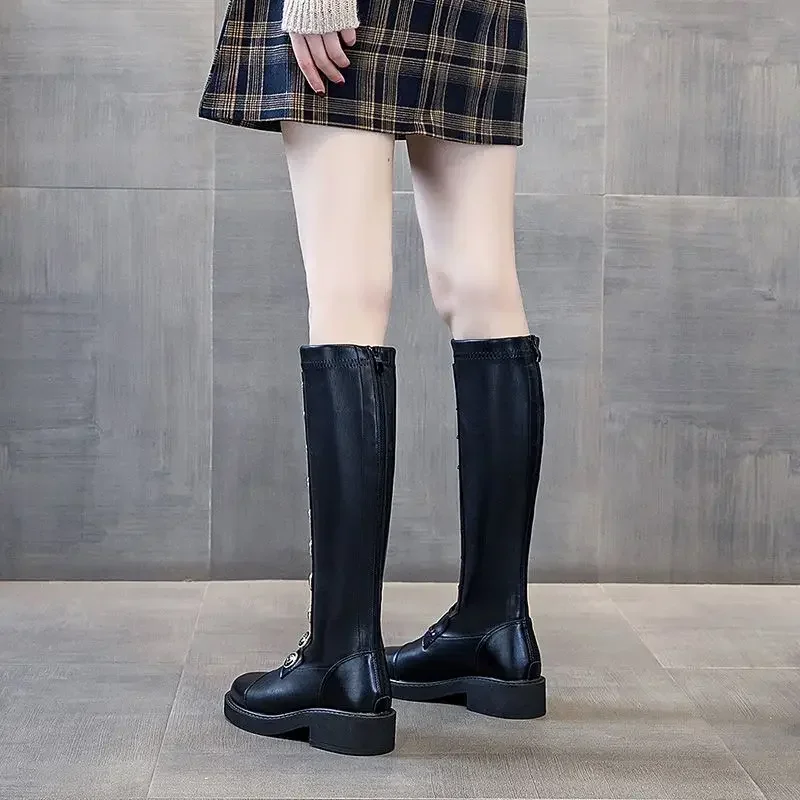 Middle Heel Shoes for Woman Elastic Round Toe Women's Boots Footwear Long New Rock Winter Knee High Shaft Quality Novelty