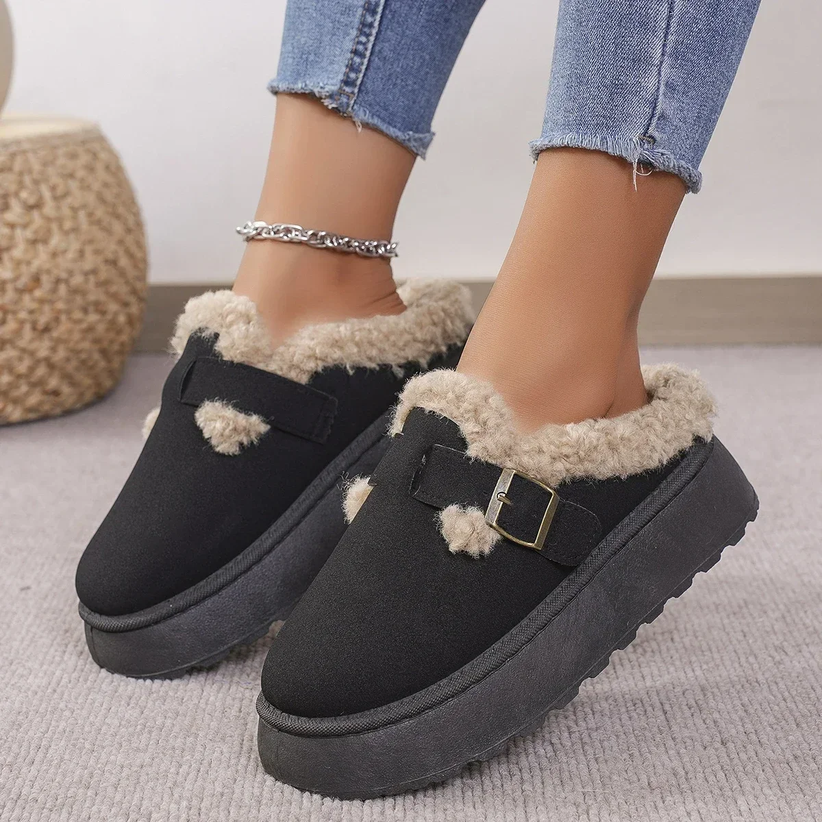 New Luxury Winter Women's Boken Shoes Plush Fashion Retro Bean Shoes Cotton Women's Flat Sole Slippers Platform Women Boots