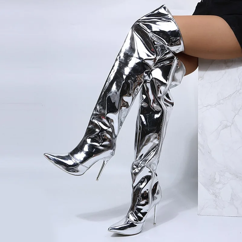 Women Boots Mirror Platform Pointy Toe  High Thin Heels Over The Knee Long Boots Autumn Winter Zip Silver Casual Party Shoes New