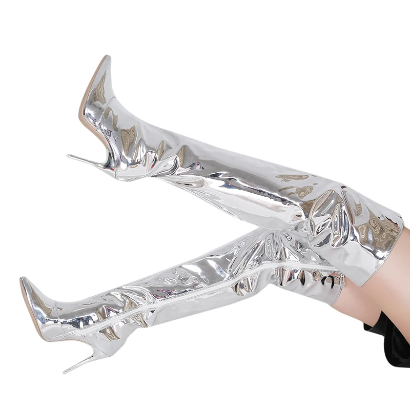 Women Boots Mirror Platform Pointy Toe  High Thin Heels Over The Knee Long Boots Autumn Winter Zip Silver Casual Party Shoes New