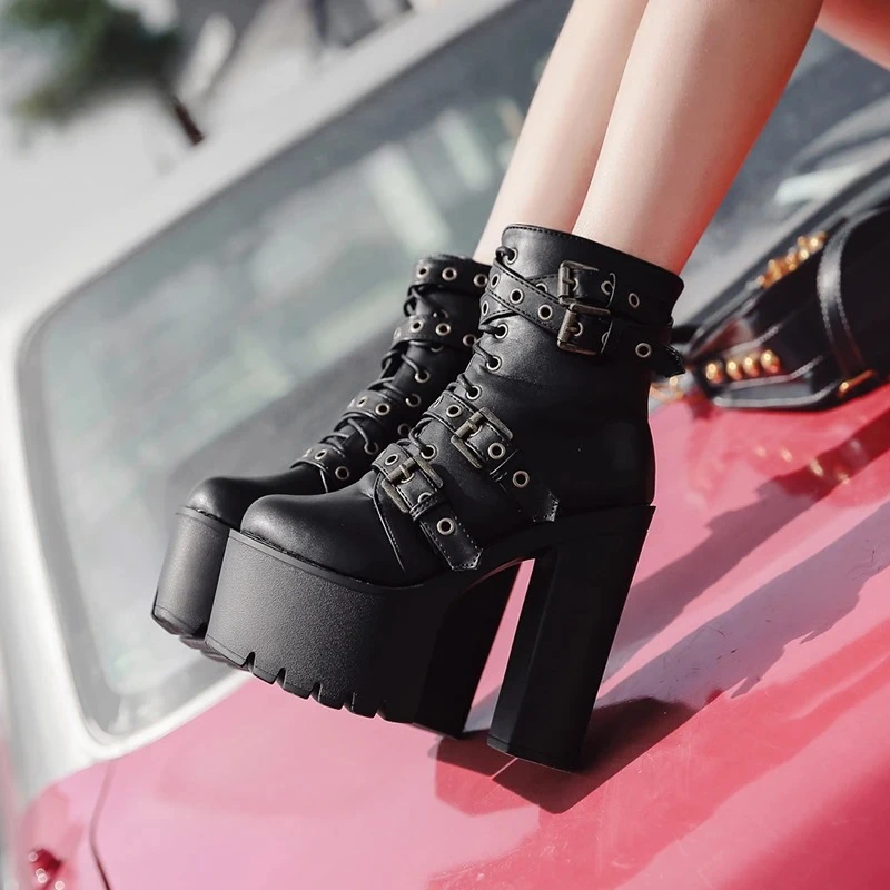 Sexy Rivet Black Ankle Boots Women Platform Soft Leather Autumn Winter Ladies Boots with Zipper Ultra High Heels Shoes