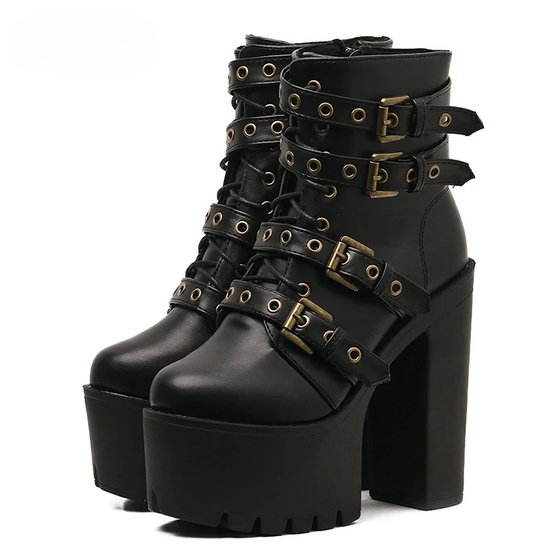 Sexy Rivet Black Ankle Boots Women Platform Soft Leather Autumn Winter Ladies Boots with Zipper Ultra High Heels Shoes