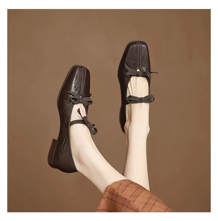 Mary Jane New Women Shoes Ballet Bow Square Toe Mid Heels Nude Shoes Fashion Casual Elegant Shallow Pumps