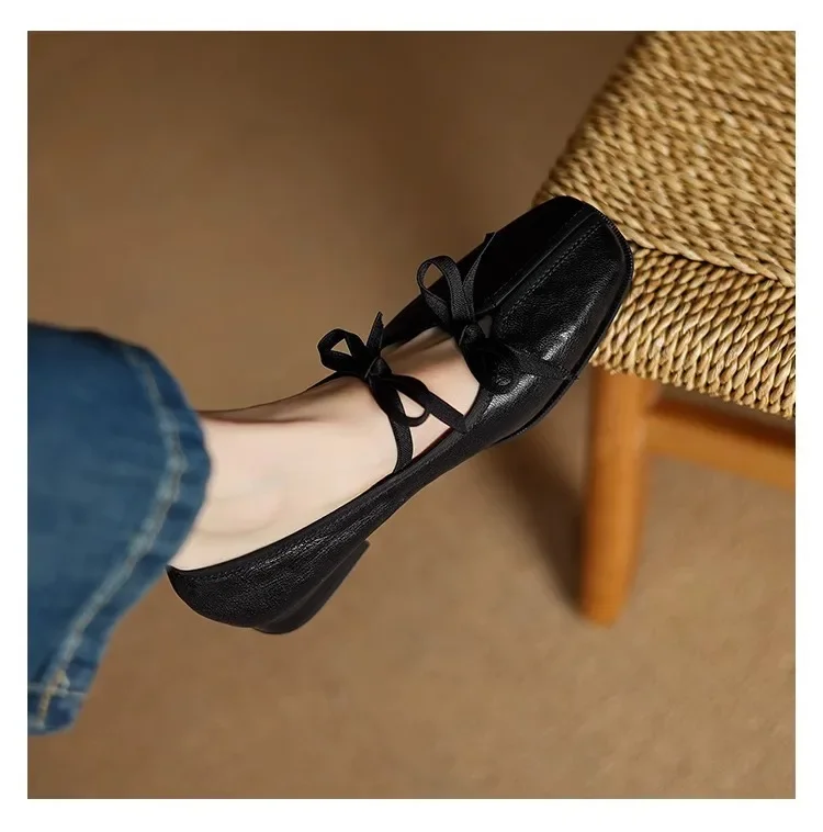 Mary Jane New Women Shoes Ballet Bow Square Toe Mid Heels Nude Shoes Fashion Casual Elegant Shallow Pumps