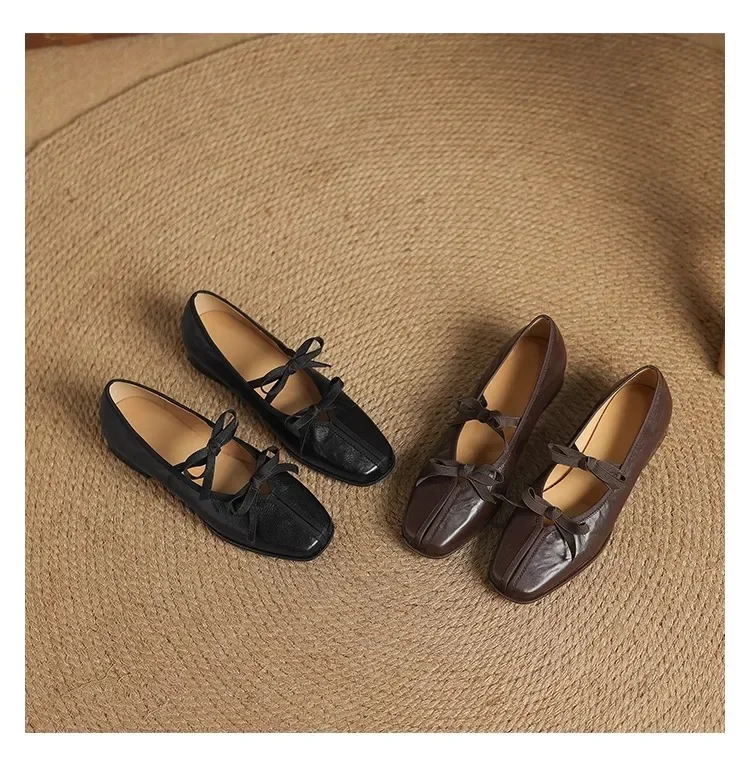 Mary Jane New Women Shoes Ballet Bow Square Toe Mid Heels Nude Shoes Fashion Casual Elegant Shallow Pumps