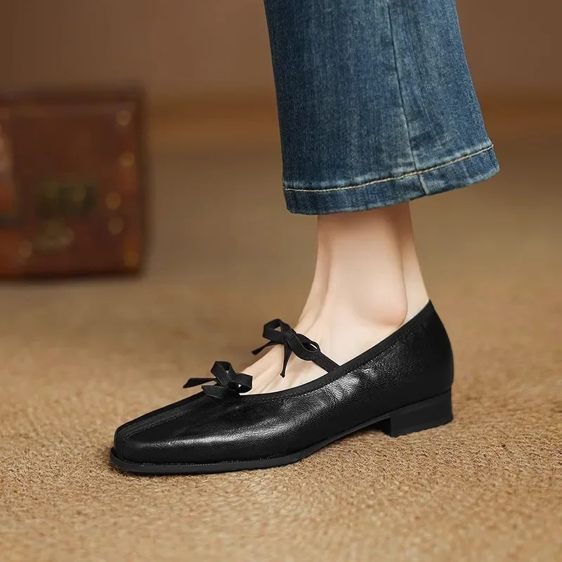 Mary Jane New Women Shoes Ballet Bow Square Toe Mid Heels Nude Shoes Fashion Casual Elegant Shallow Pumps