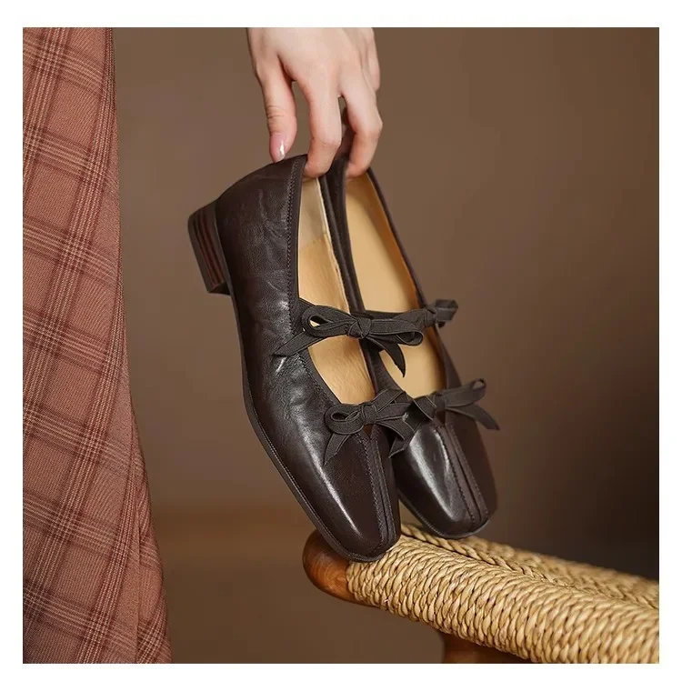Mary Jane New Women Shoes Ballet Bow Square Toe Mid Heels Nude Shoes Fashion Casual Elegant Shallow Pumps