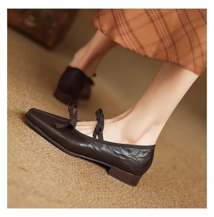 Mary Jane New Women Shoes Ballet Bow Square Toe Mid Heels Nude Shoes Fashion Casual Elegant Shallow Pumps