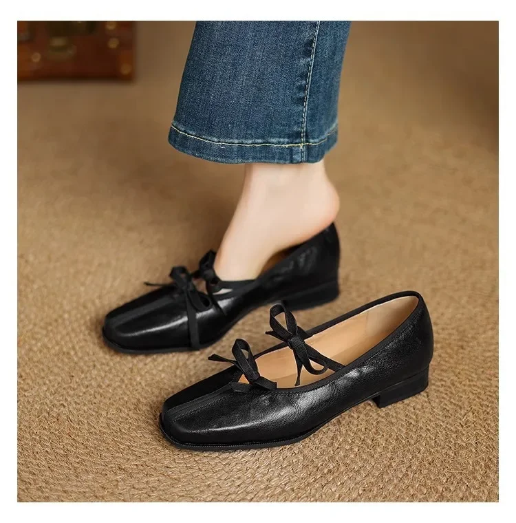 Mary Jane New Women Shoes Ballet Bow Square Toe Mid Heels Nude Shoes Fashion Casual Elegant Shallow Pumps