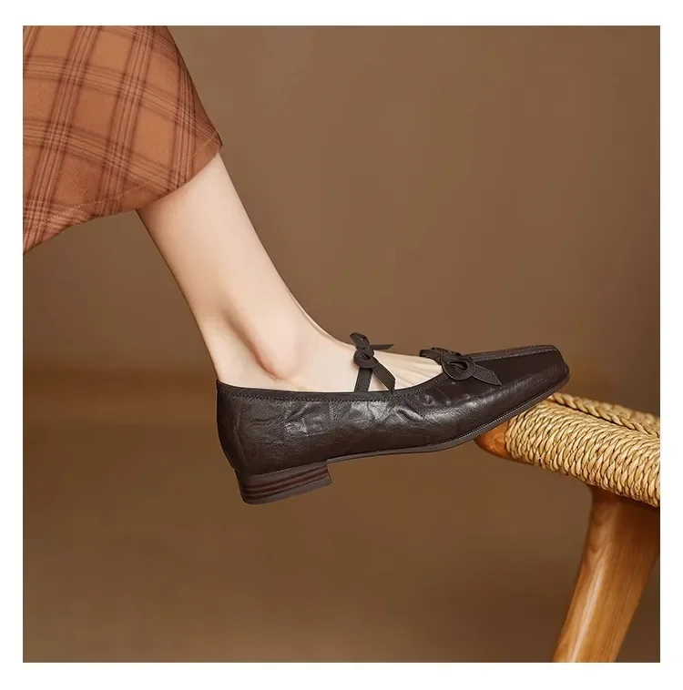 Mary Jane New Women Shoes Ballet Bow Square Toe Mid Heels Nude Shoes Fashion Casual Elegant Shallow Pumps