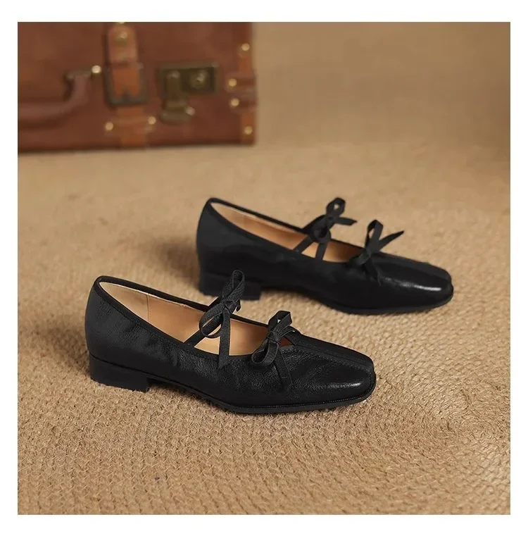 Mary Jane New Women Shoes Ballet Bow Square Toe Mid Heels Nude Shoes Fashion Casual Elegant Shallow Pumps