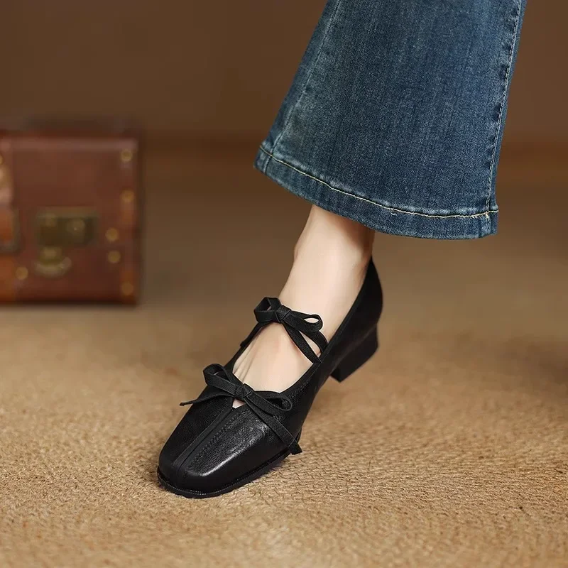 Mary Jane New Women Shoes Ballet Bow Square Toe Mid Heels Nude Shoes Fashion Casual Elegant Shallow Pumps