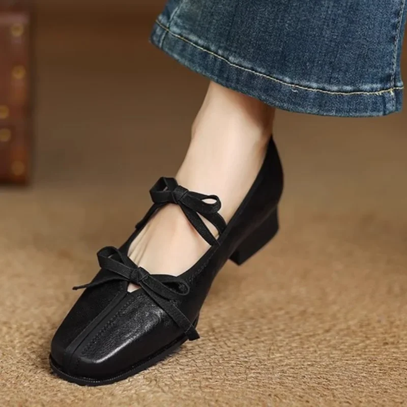 Mary Jane New Women Shoes Ballet Bow Square Toe Mid Heels Nude Shoes Fashion Casual Elegant Shallow Pumps Mary Jane New Women Shoes Ballet Bow Square Toe Mid Heels Nude Shoes Fashion Casual Elegant Shallow Pumps
