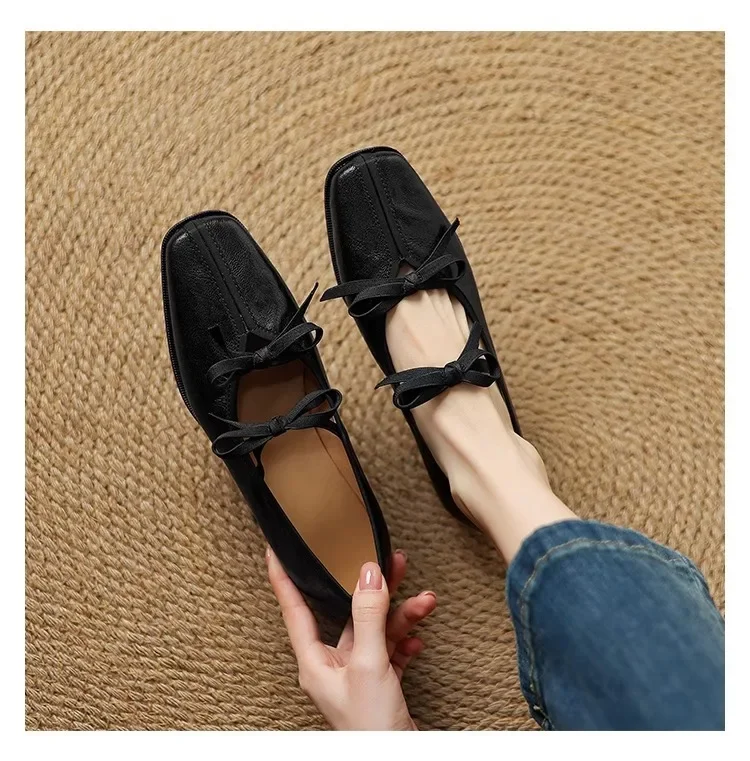 Mary Jane New Women Shoes Ballet Bow Square Toe Mid Heels Nude Shoes Fashion Casual Elegant Shallow Pumps