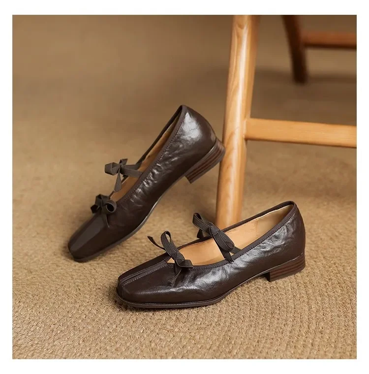 Mary Jane New Women Shoes Ballet Bow Square Toe Mid Heels Nude Shoes Fashion Casual Elegant Shallow Pumps
