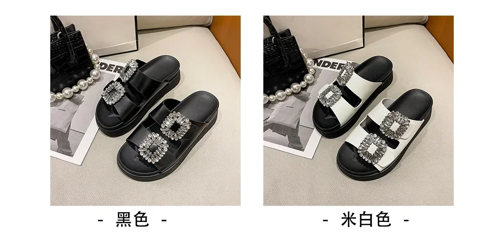Brand Rhinestone Shoes Ladies High Heels Platform Sandals Double Buckle Band Slippers Woman Muffins Crystal FlipFlops Mujer
