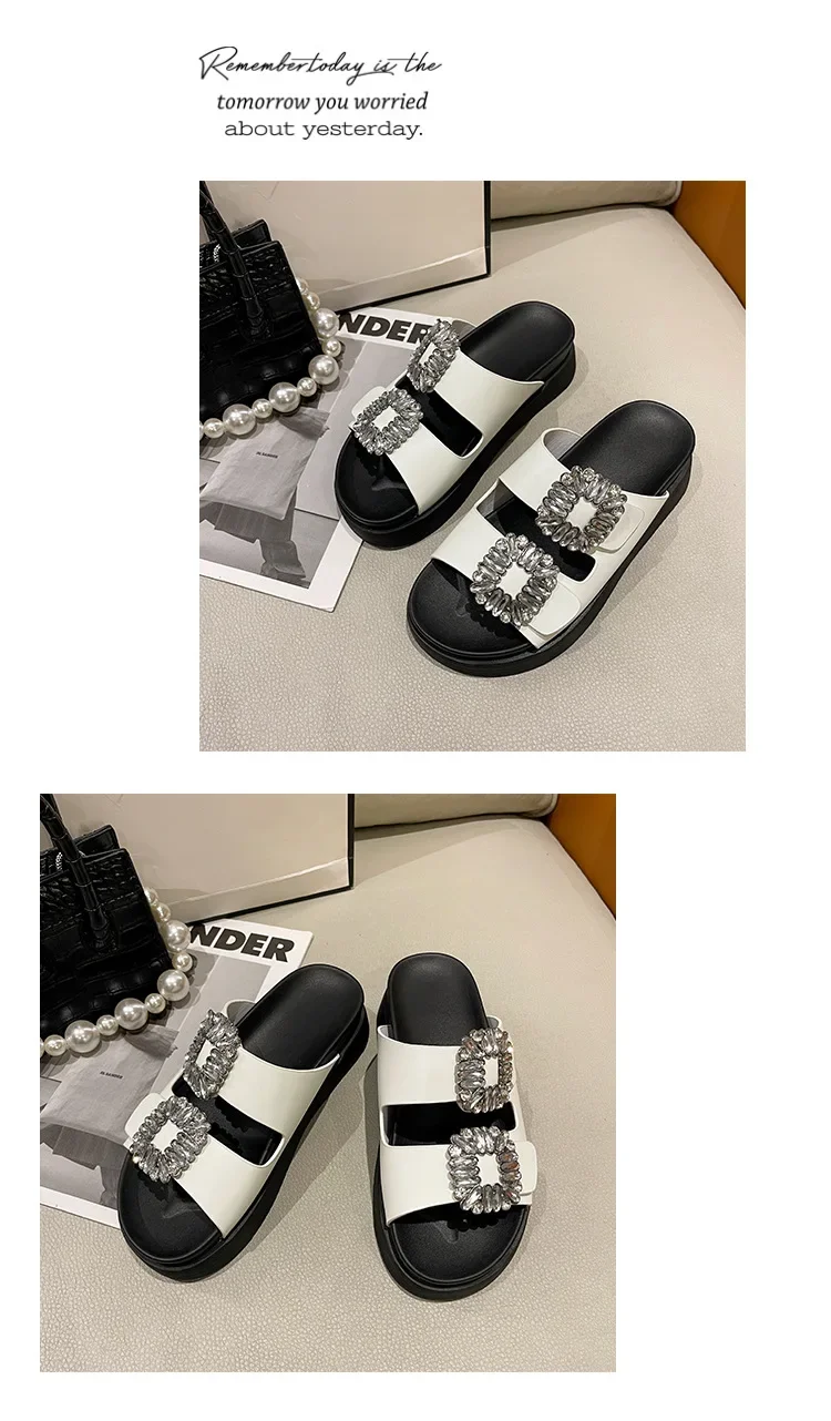 Brand Rhinestone Shoes Ladies High Heels Platform Sandals Double Buckle Band Slippers Woman Muffins Crystal FlipFlops Mujer