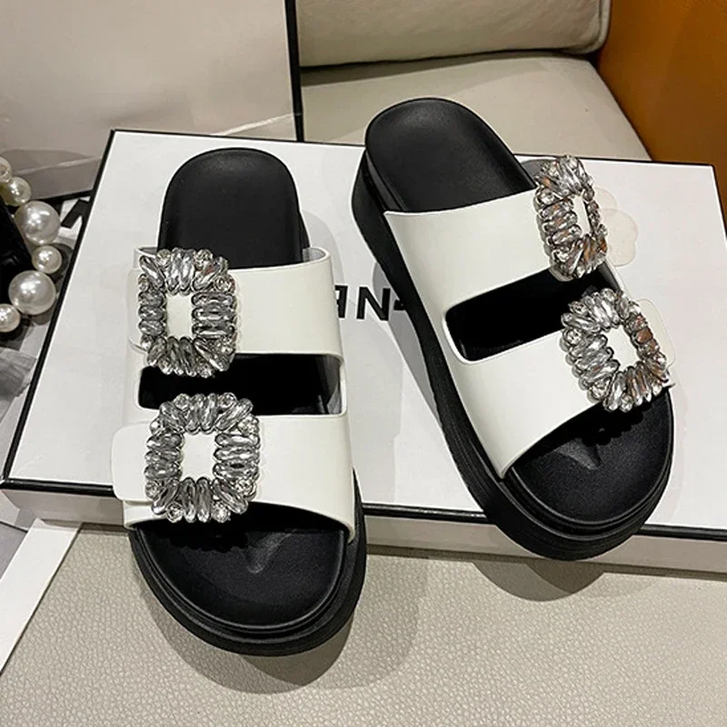 Brand Rhinestone Shoes Ladies High Heels Platform Sandals Double Buckle Band Slippers Woman Muffins Crystal FlipFlops Mujer