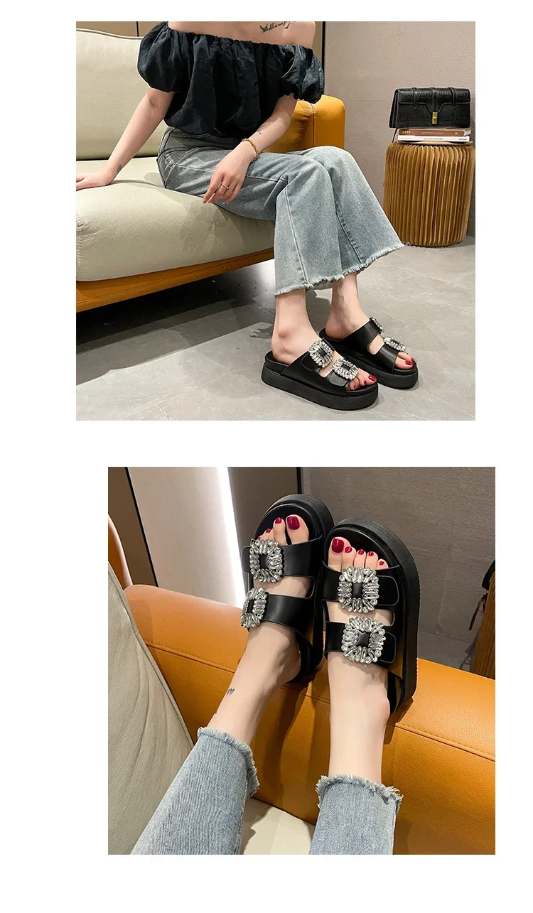 Brand Rhinestone Shoes Ladies High Heels Platform Sandals Double Buckle Band Slippers Woman Muffins Crystal FlipFlops Mujer