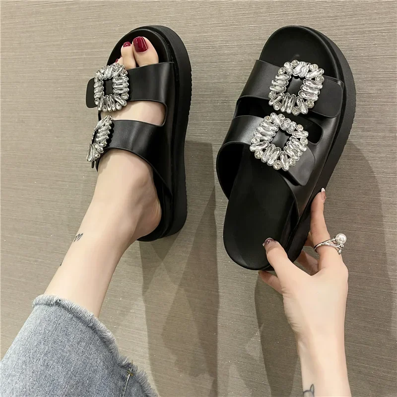 Brand Rhinestone Shoes Ladies High Heels Platform Sandals Double Buckle Band Slippers Woman Muffins Crystal FlipFlops Mujer