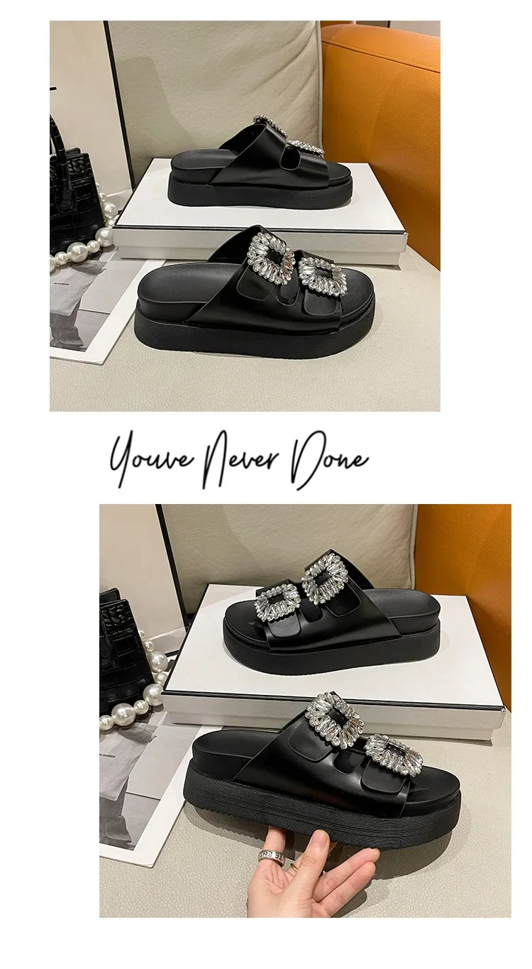Brand Rhinestone Shoes Ladies High Heels Platform Sandals Double Buckle Band Slippers Woman Muffins Crystal FlipFlops Mujer