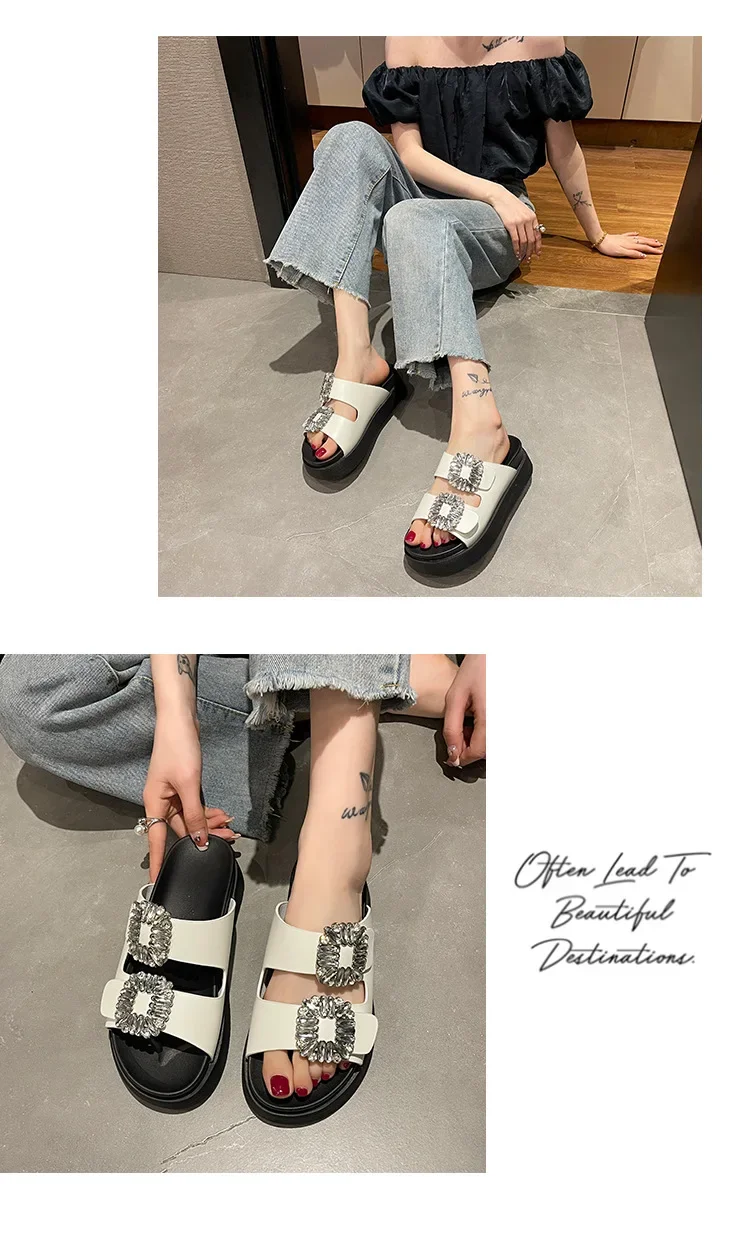 Brand Rhinestone Shoes Ladies High Heels Platform Sandals Double Buckle Band Slippers Woman Muffins Crystal FlipFlops Mujer