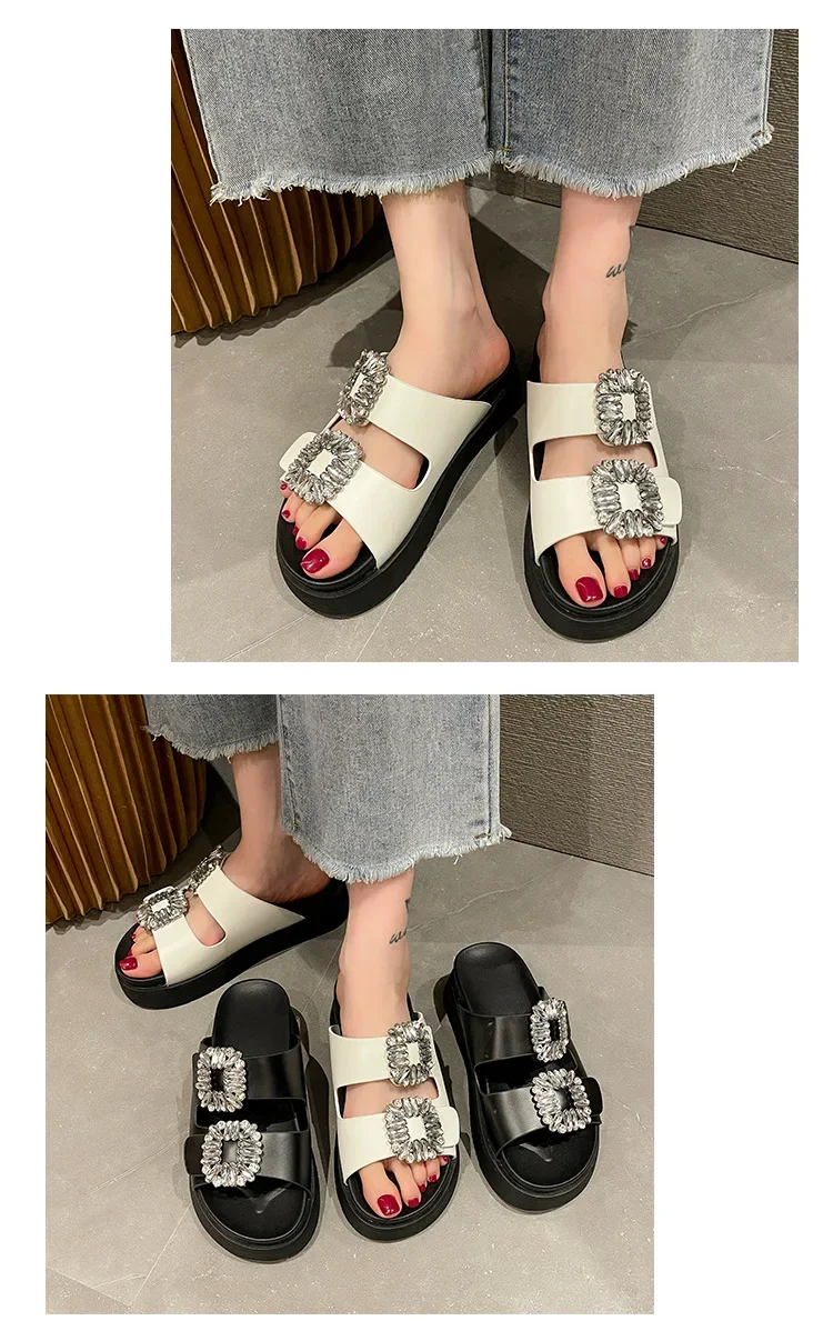 Brand Rhinestone Shoes Ladies High Heels Platform Sandals Double Buckle Band Slippers Woman Muffins Crystal FlipFlops Mujer