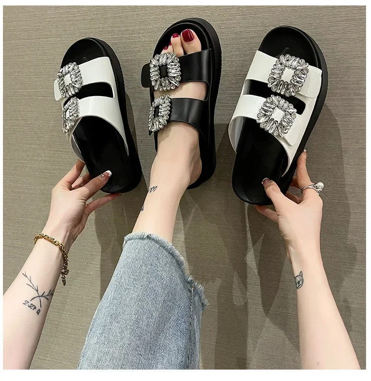 Brand Rhinestone Shoes Ladies High Heels Platform Sandals Double Buckle Band Slippers Woman Muffins Crystal FlipFlops Mujer
