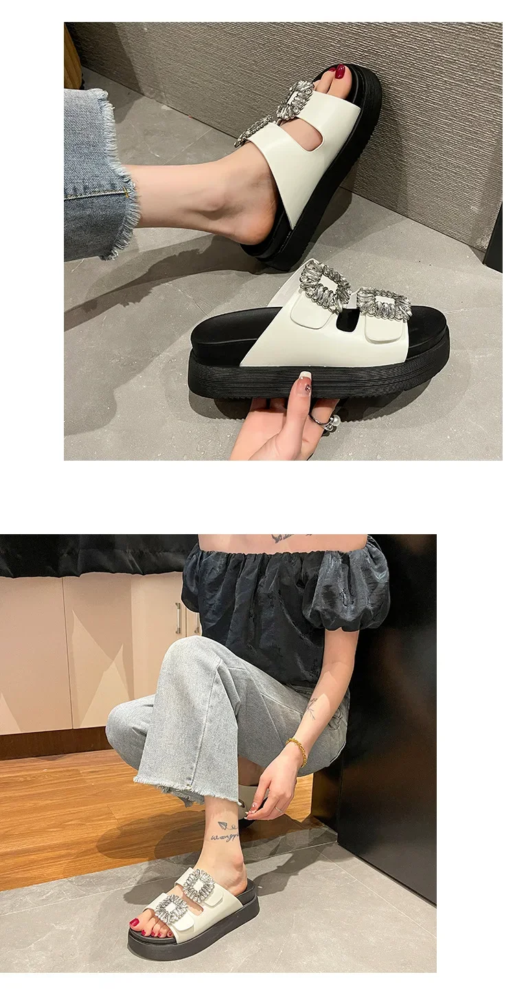 Brand Rhinestone Shoes Ladies High Heels Platform Sandals Double Buckle Band Slippers Woman Muffins Crystal FlipFlops Mujer