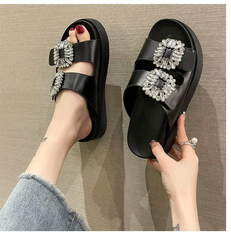 Brand Rhinestone Shoes Ladies High Heels Platform Sandals Double Buckle Band Slippers Woman Muffins Crystal FlipFlops Mujer