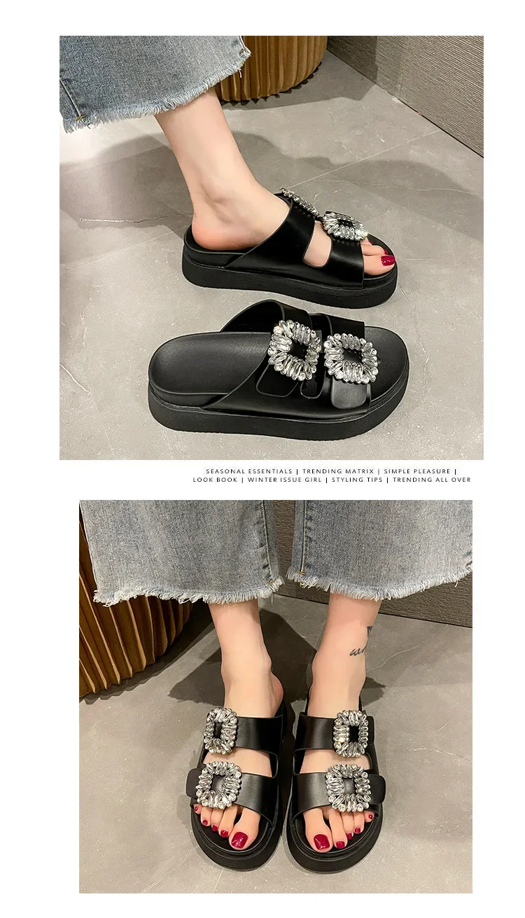 Brand Rhinestone Shoes Ladies High Heels Platform Sandals Double Buckle Band Slippers Woman Muffins Crystal FlipFlops Mujer