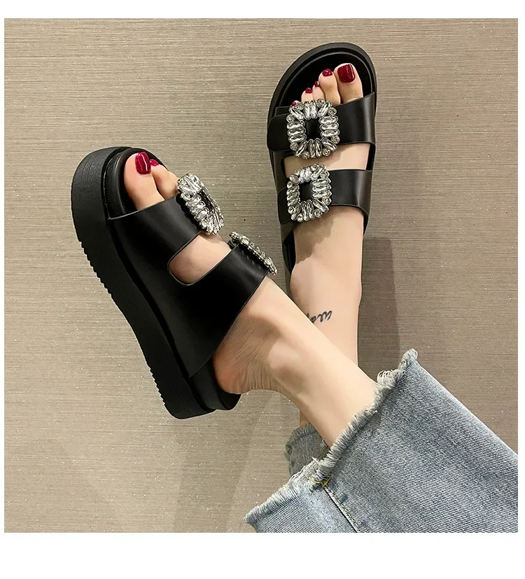 Brand Rhinestone Shoes Ladies High Heels Platform Sandals Double Buckle Band Slippers Woman Muffins Crystal FlipFlops Mujer